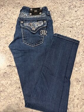 Miss Me Embellished Dark Blue Boot Cut Jeans with Rhinestone Pocket